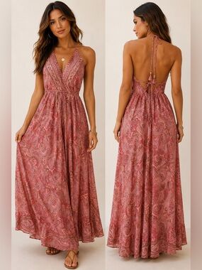 Made in India Silk blend Boho Paisley Halter Maxi